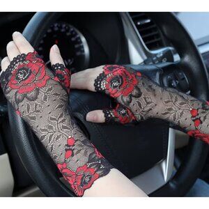 Elegant Black & Red Floral Lace Fingerless Gloves – Sexy Sheer Mesh Half-Finger